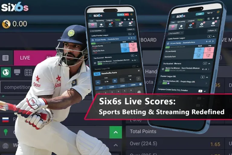 A sports betting interface on Six6s Live Scores displaying live cricket and football match updates.